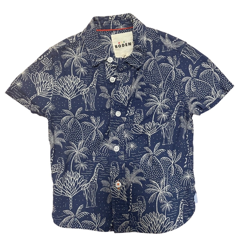 Mini Boden Boys Navy Blue Safari Tropical Print Linen Cotton Shirt 2-3Y